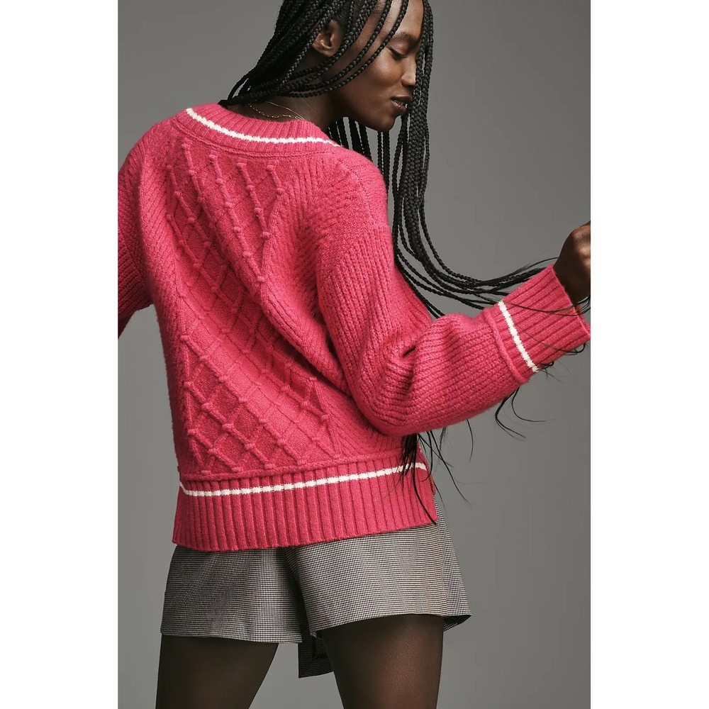 Maeve Anthropologie Hot Pink Cable Knit V-Neck Tipped Varsity Sweater Medium - Picture 2 of 10